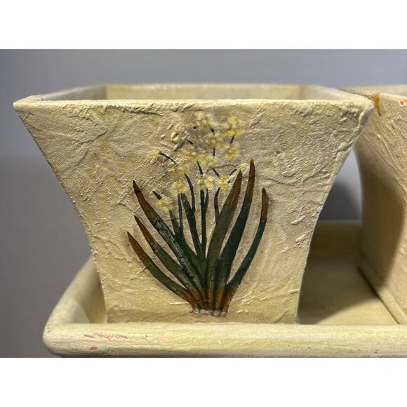 Ceramic Planter Set 4 Piece Set With Tray Featuring Floral Designs 13.5" Long - Picture 2 of 11